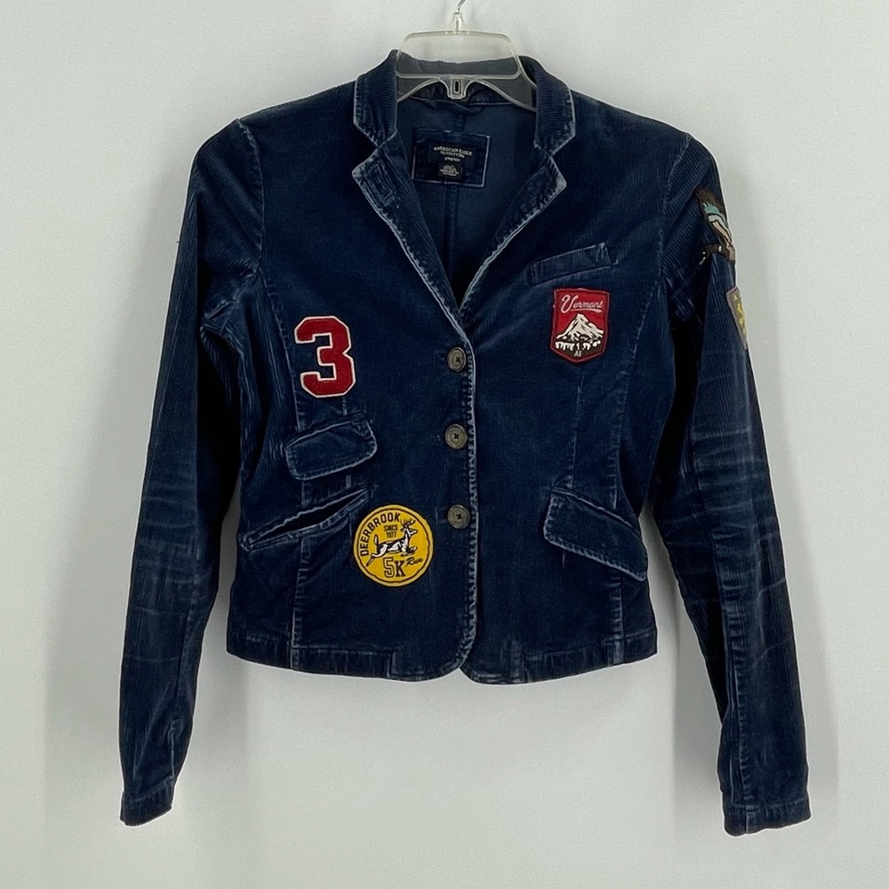 * American Eagle Outfitters Blue Corduroy Fitter Blazer Jacket With Patches Sz S